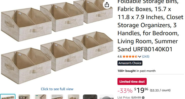 Amazon.com SONGMICS Set of 6 Storage Baskets, Foldable Storage Bins, Fabric Boxes,