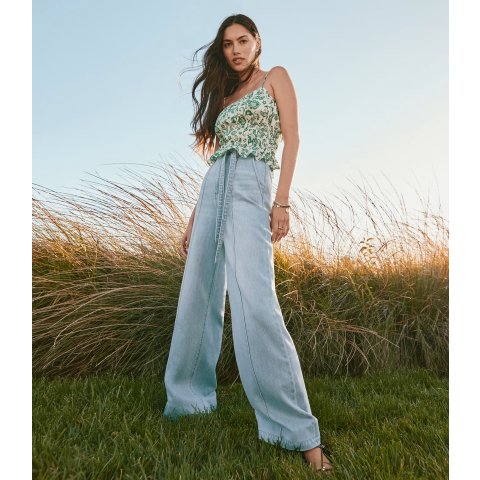 Tie Waist High Rise Palazzo Jeans Light Wash