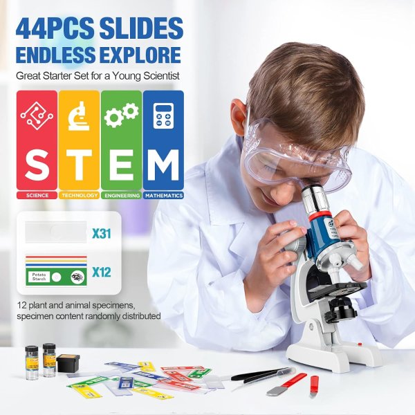 Uarzt Kids Microscope Kit 58 Pieces 100X-1200X LED