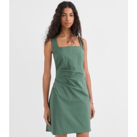 Pleated Stretch Poplin Square Neck Mini Dress