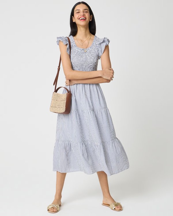 Factory Striped Smocked Flutter-Sleeve Midi Dress