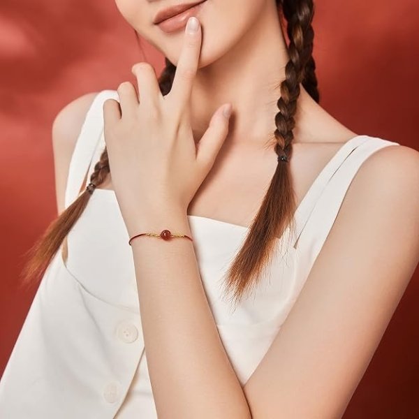 24K Solid Gold Bracelets for Women, Real Pure Gold Adjustable Friendship Gold Bead Agate Bead Bracelet Red Black Braided Bracelet for Women Men Mom Girlfriend