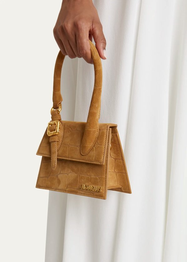Le Chiquito Moyen Croc-Embossed Suede Top-Handle Bag