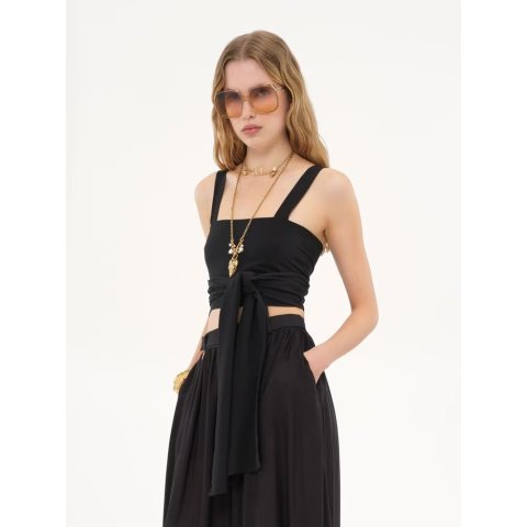 Black Crepe de Chine Front-Tie Tank Top