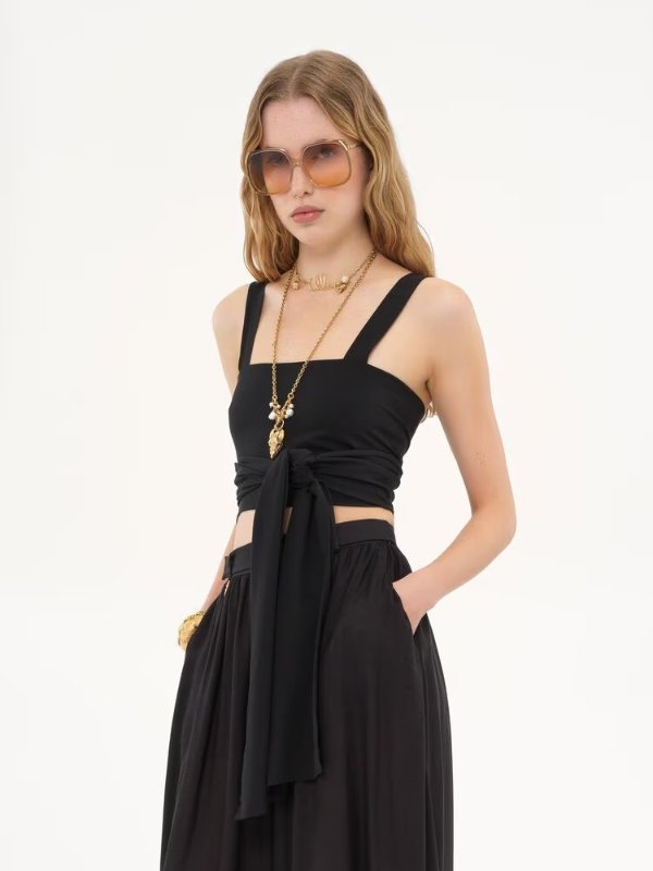 Black Crepe de Chine Front-Tie Tank Top