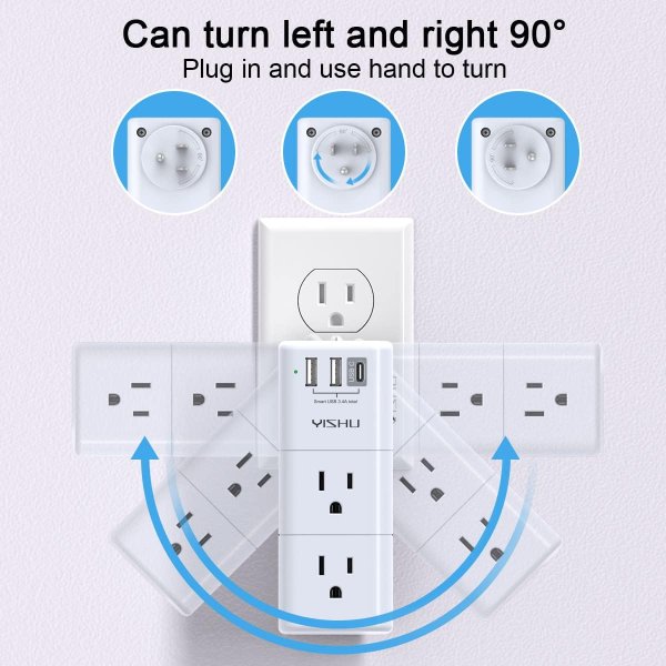 YISHU 6-Outlet 3-USB Rotating Plug Extender