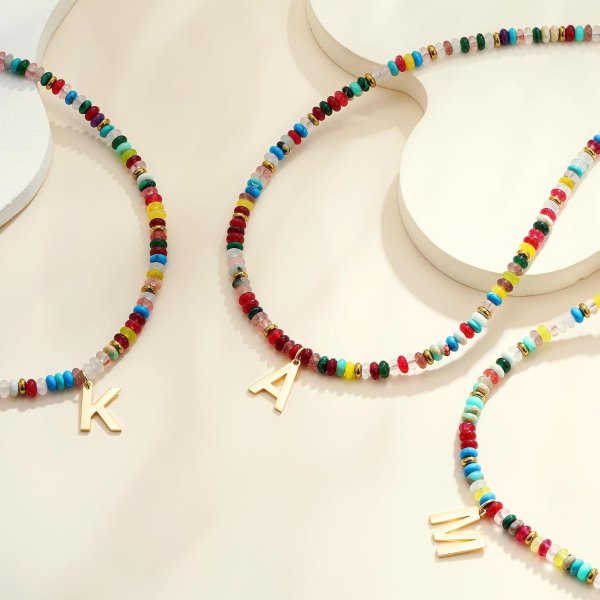 Eaciy Initial Necklace 14K Gold Plated Rainbow Gemstone