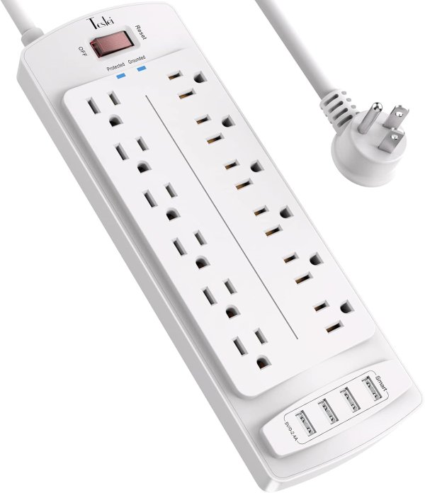 Tcstei 插座排插 12位 4USB 6英尺 白色