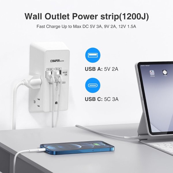 Super Electro Outlet Extender 5位插座 4口USB 1200J
