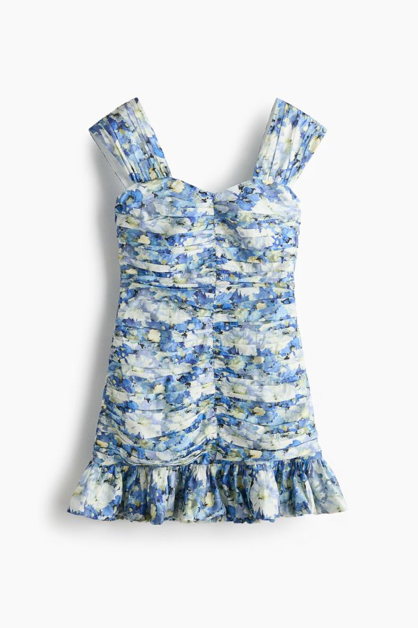  Blue Floral Ruffle-Trimmed Dress
