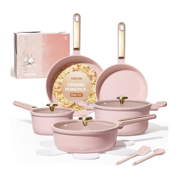 CAROTE Ceramic Cookware Set 14pcs Nonstick Pink