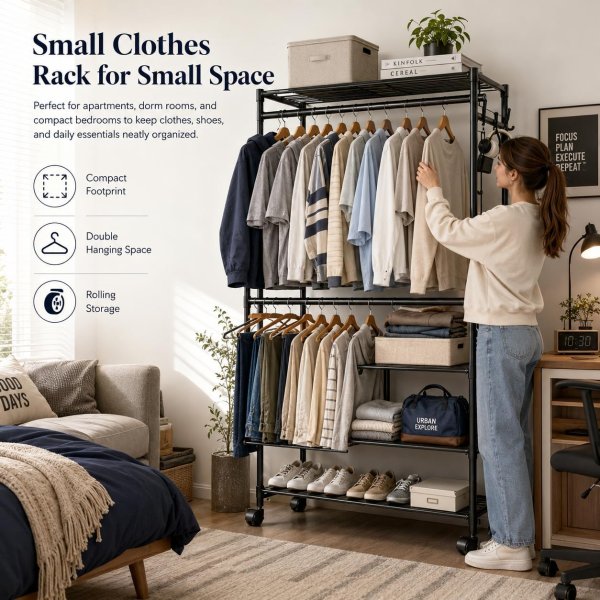 Heavy Duty Double Rod Clothing Rack with Wheels Black 43x18x81 Inch