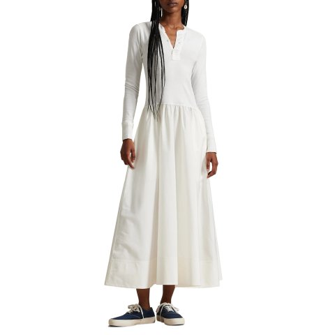 Long Sleeve Mixed Media Henley Midi Dress