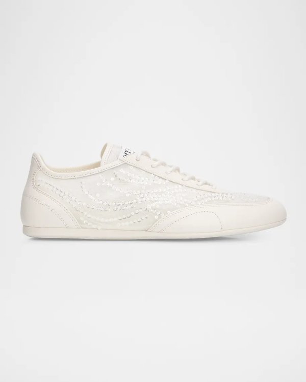 Sunny F Sequined Mesh Leather Low-Top Sneakers