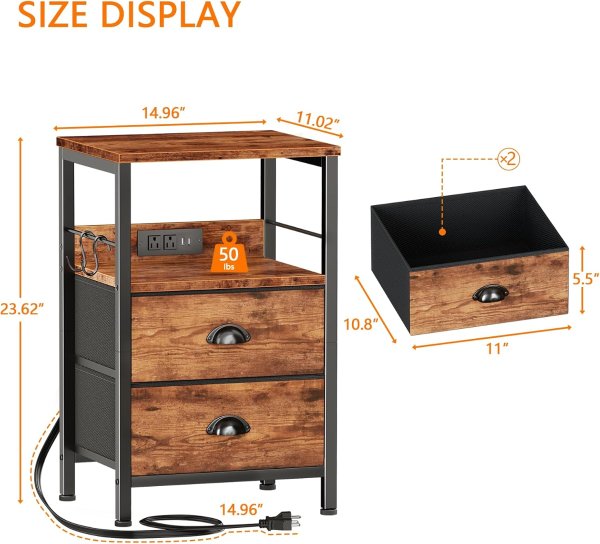 Furologee Nightstand Set 2 Drawers with Charging Station