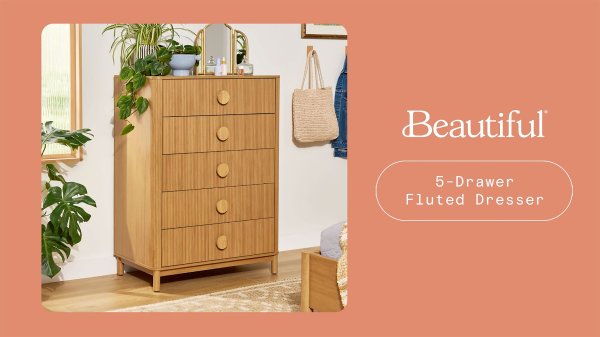 Beautiful Fluted 5 Drawer Dresser 48" Warm Honey