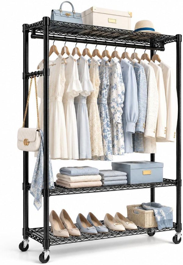 Heavy Duty Double Rod Clothing Rack with Wheels Black 43x18x81 Inch