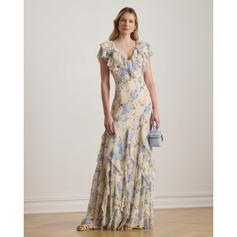 Floral Ruffle-Trim Georgette Gown