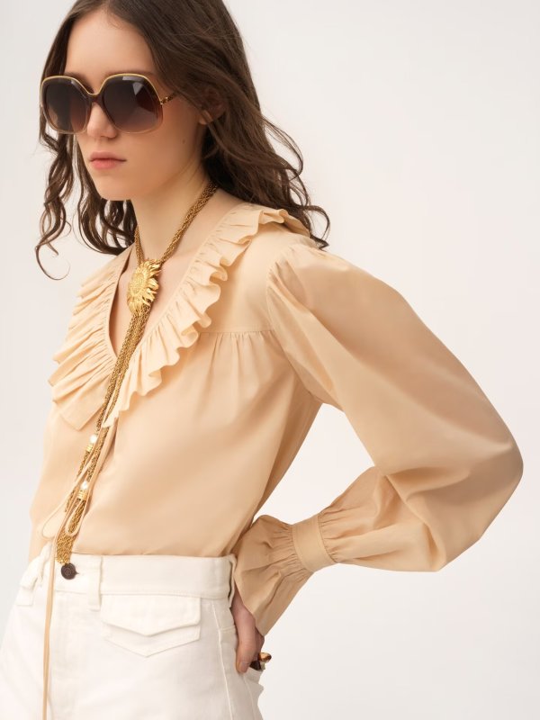 Chloé Cotton Ruffle Top Beige