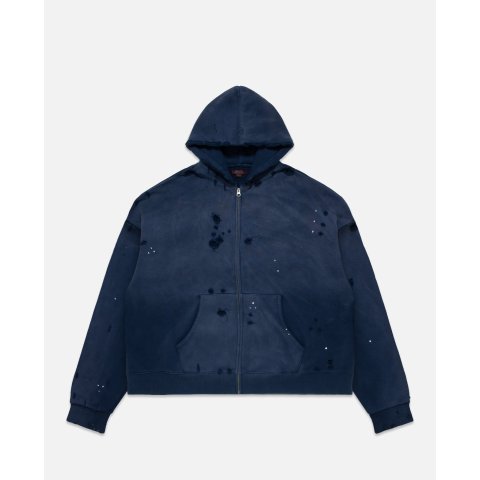 Heavy Washed Zip Up Hoodie Blue