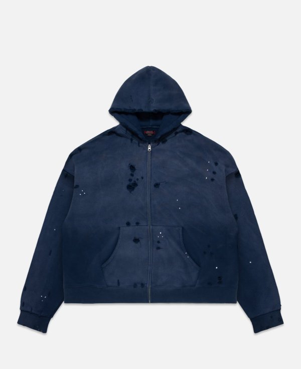 Heavy Washed Zip Up Hoodie Blue