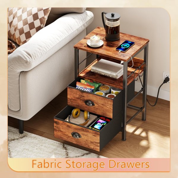 Furologee Nightstand Set 2 Drawers with Charging Station