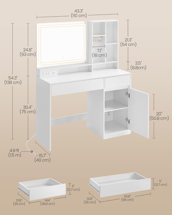Vanity Desk URDT632WB02S Cloud White 43.3-Inch