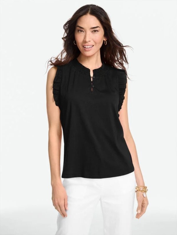  Flutter Sleeve Mixed Media Top