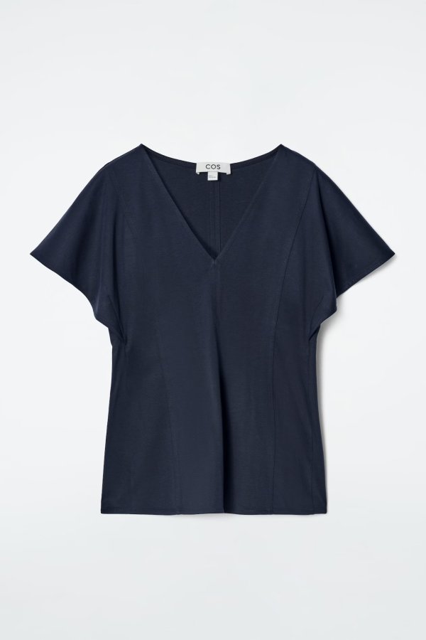 Cotton Petal-Sleeve Top Navy