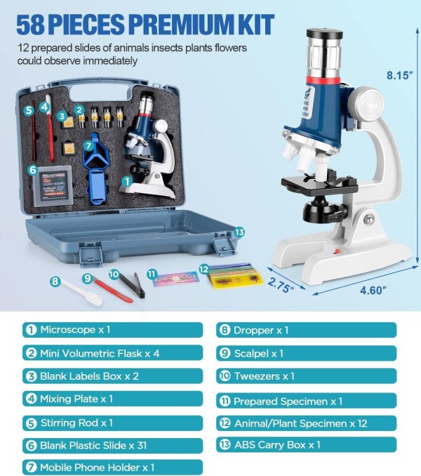 Uarzt Kids Microscope Kit 58 Pieces 100X-1200X LED