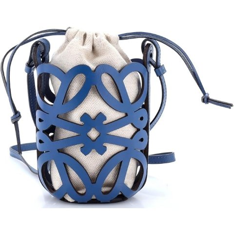 Anagram Mini Drawstring Bucket Bag Blue Leather Canvas