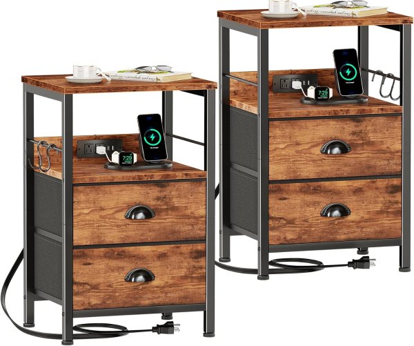 Furologee Nightstand Set 2 Drawers with Charging Station