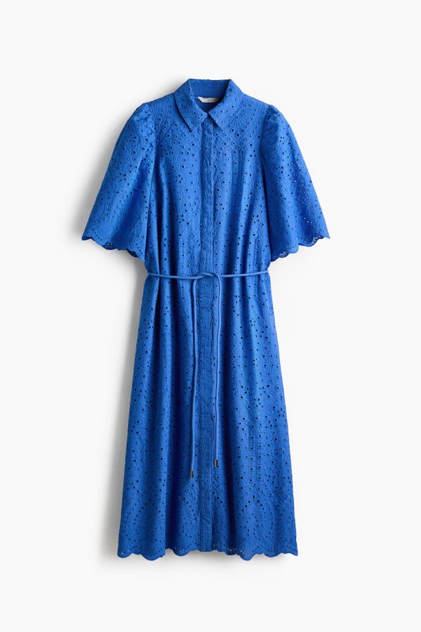  Eyelet-Embroidered Cotton Shirt Dress Blue