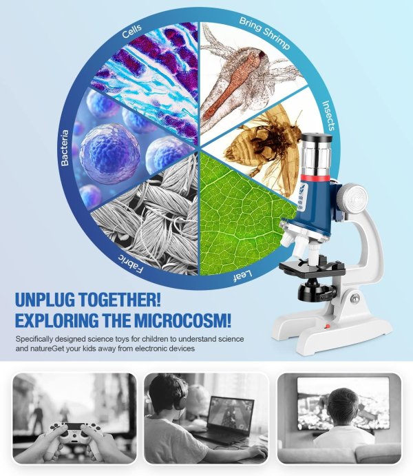 Uarzt Kids Microscope Kit 58 Pieces 100X-1200X LED