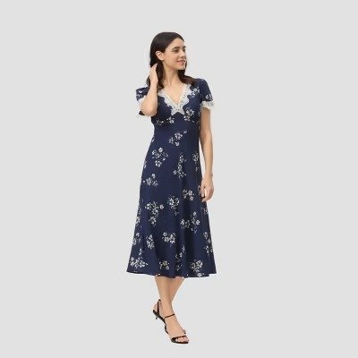 A New Day Lace Trim Midi Dress M Navy Floral