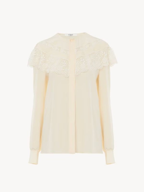 White Crepe de Chine Lace Blouse