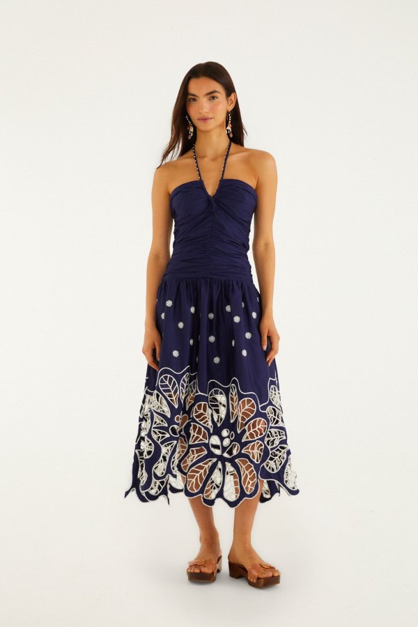Richelieu Embroidered Midi Dress Navy Blue
