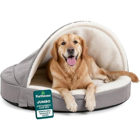 Furhaven 44英寸灰色圆形犬用床 羊羔绒