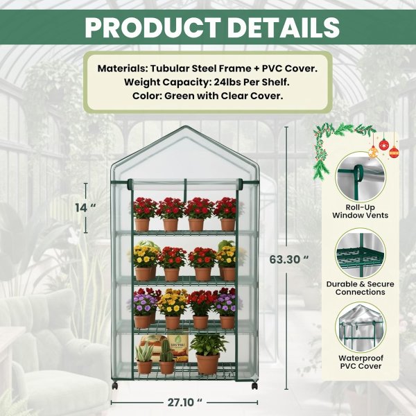 4 Tier Mini Greenhouse with Wheels PVC Cover
