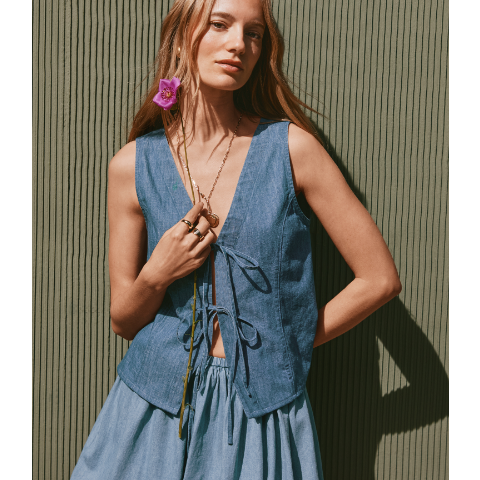 Chambray 蝴蝶结马甲上衣