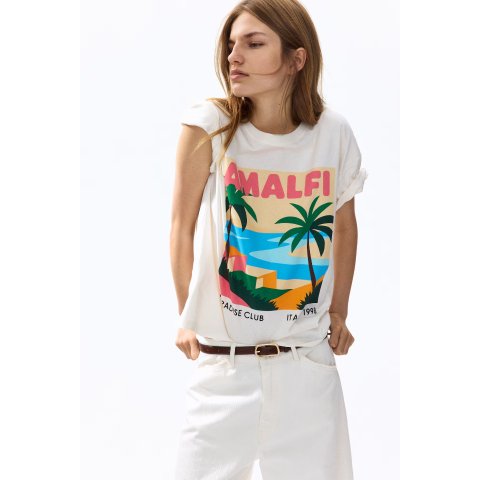 H&M Printed Cotton T-Shirt Cream