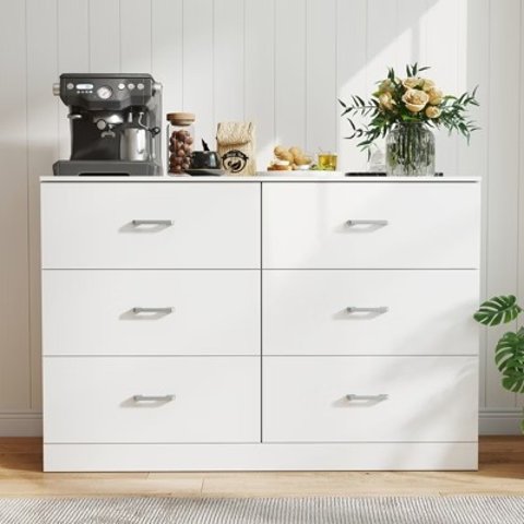 White Wooden 6-Drawer Wide Dresser