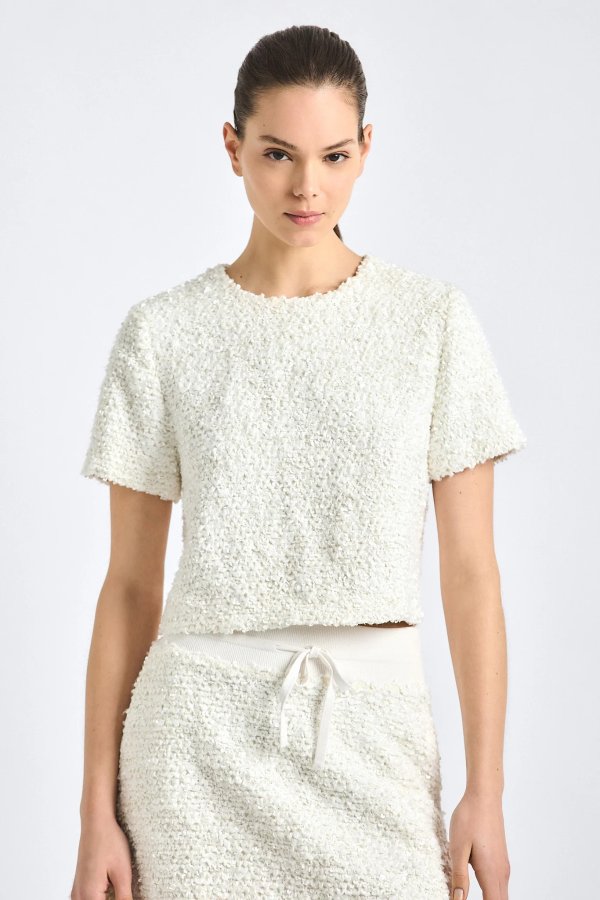 Derek Lam Syrena Boucle Cropped Tee Blanc De Blanc