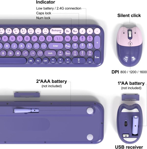 Meidosa 2.4GHz Retro Keyboard Mouse Combo Purple Gradient