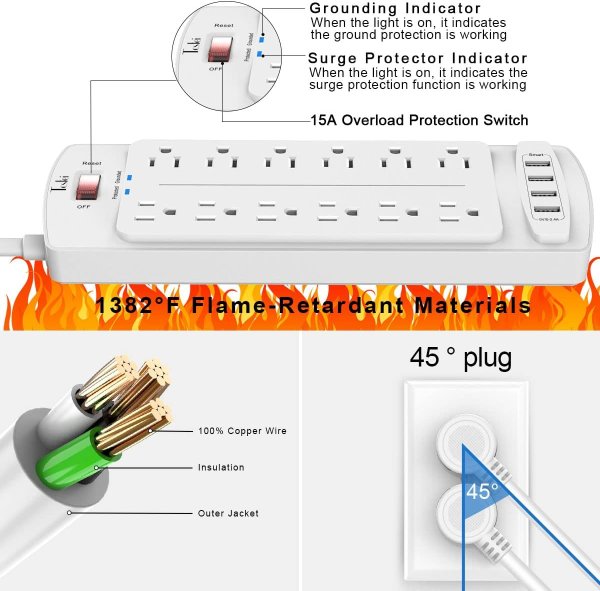 Tcstei 插座排插 12位 4USB 6英尺 白色