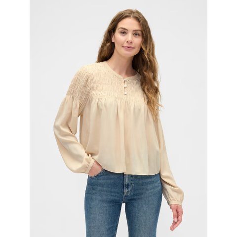 Factory Smocked Balloon-Sleeve Top