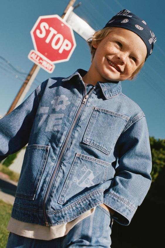 Printed Denim Jacket Mid-blue