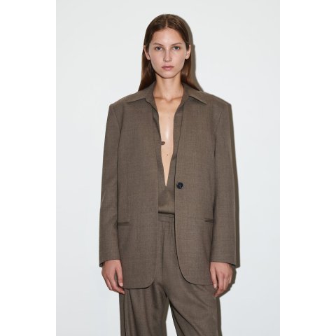 Collarless Wool-Blend Blazer Brown