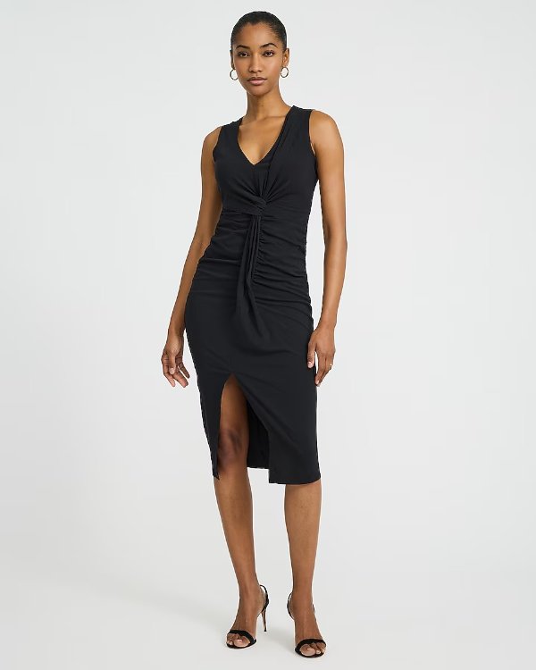 Stretch Poplin V-neck Ruched Midi Dress