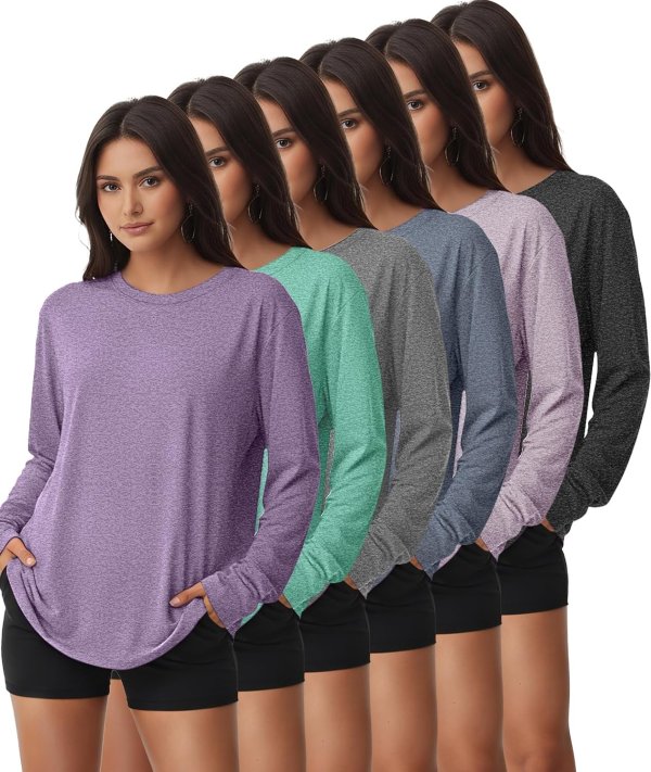 Kinglaman Women's Long Sleeve Workout Shirt 6 Pack UPF 50+